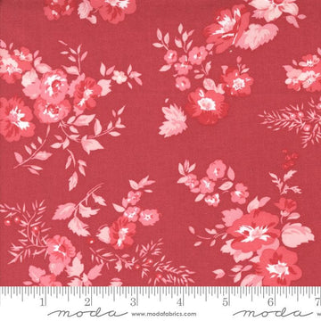 Image of the Hollyhocks Roses Floral Geranium Red quilting cotton fabric by Moda Fabrics. Features roses and leaves on a red background. 
Cute Little Fabric Shop