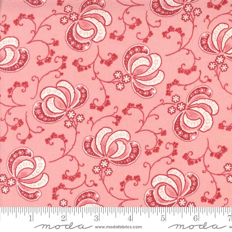 Image of the Hollyhocks Roses Bloom Carnation Pink quilting cotton fabric by Moda Fabrics. Features flowers and leaves on a pink background. 
Cute Little Fabric Shop