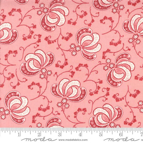 Image of the Hollyhocks Roses Bloom Carnation Pink quilting cotton fabric by Moda Fabrics. Features flowers and leaves on a pink background. 
Cute Little Fabric Shop