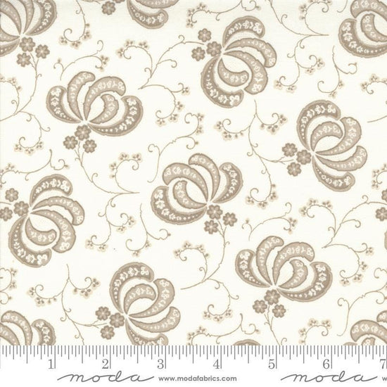 Image of the Hollyhocks Roses Bloom Linen quilting cotton fabric by Moda Fabrics. Features flowers and leaves on a cream background. 
Cute Little Fabric Shop