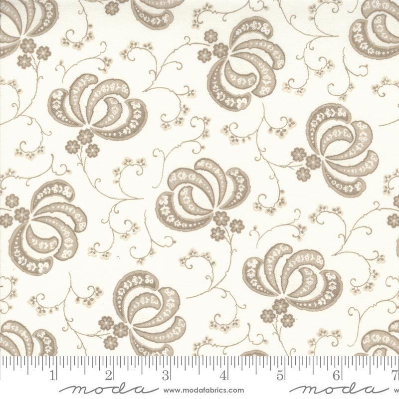 Image of the Hollyhocks Roses Bloom Linen quilting cotton fabric by Moda Fabrics. Features flowers and leaves on a cream background. 
Cute Little Fabric Shop