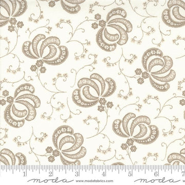 Image of the Hollyhocks Roses Bloom Linen quilting cotton fabric by Moda Fabrics. Features flowers and leaves on a cream background. 
Cute Little Fabric Shop