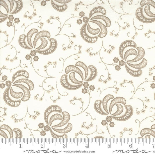 Image of the Hollyhocks Roses Bloom Linen quilting cotton fabric by Moda Fabrics. Features flowers and leaves on a cream background. 
Cute Little Fabric Shop