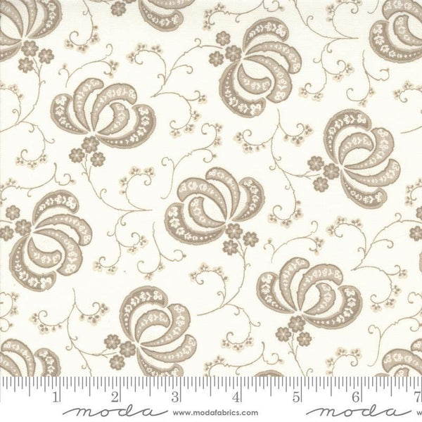 Image of the Hollyhocks Roses Bloom Linen quilting cotton fabric by Moda Fabrics. Features flowers and leaves on a cream background. 
Cute Little Fabric Shop