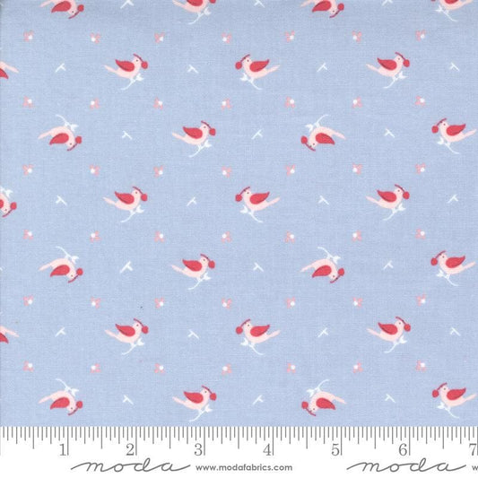 Image of the Hollyhocks Roses Birds Sky quilting cotton fabric by Moda Fabrics. Features small birds on a lavender blue background. 
Cute Little Fabric Shop