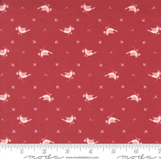 Image of the Hollyhocks Roses Birds Geranium Red quilting cotton fabric by Moda Fabrics. Features small birds on a red pink background. 
Cute Little Fabric Shop
