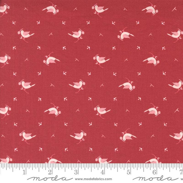 Image of the Hollyhocks Roses Birds Geranium Red quilting cotton fabric by Moda Fabrics. Features small birds on a red pink background. 
Cute Little Fabric Shop