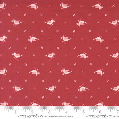 Image of the Hollyhocks Roses Birds Geranium Red quilting cotton fabric by Moda Fabrics. Features small birds on a red pink background. 
Cute Little Fabric Shop