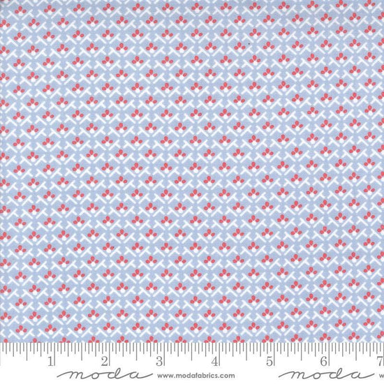 Image of the Hollyhocks Roses Trellis Sky quilting cotton fabric by Moda Fabrics. Features small roses in a geometric pattern on a blue background. 
Cute Little Fabric Shop