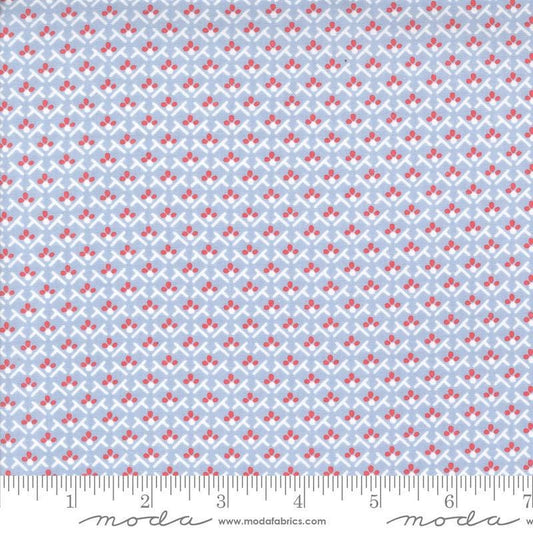 Image of the Hollyhocks Roses Trellis Sky quilting cotton fabric by Moda Fabrics. Features small roses in a geometric pattern on a blue background. 
Cute Little Fabric Shop
