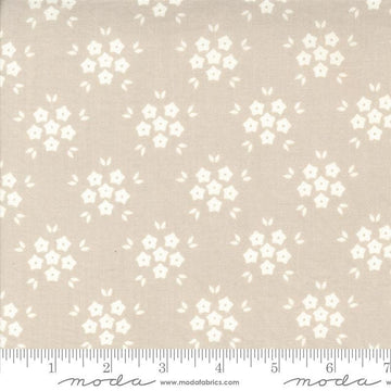 Image of the Hollyhocks Roses Puffs Linen quilting cotton fabric by Moda Fabrics. Features small flowers on a tan background. 
Cute Little Fabric Shop