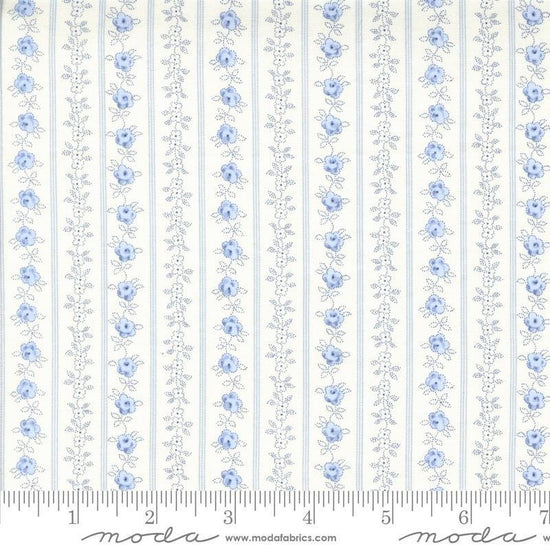 Image of the Hollyhocks Roses Stripe Jasmine Sky quilting cotton fabric by Moda Fabrics. Features striped roses on a cream background. 
Cute Little Fabric Shop