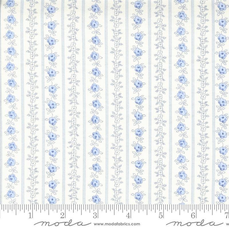 Image of the Hollyhocks Roses Stripe Jasmine Sky quilting cotton fabric by Moda Fabrics. Features striped roses on a cream background. 
Cute Little Fabric Shop