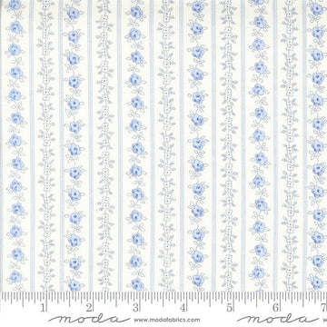 Image of the Hollyhocks Roses Stripe Jasmine Sky quilting cotton fabric by Moda Fabrics. Features striped roses on a cream background. 
Cute Little Fabric Shop