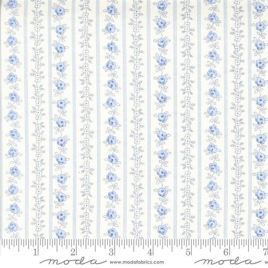 Image of the Hollyhocks Roses Stripe Jasmine Sky quilting cotton fabric by Moda Fabrics. Features striped roses on a cream background. 
Cute Little Fabric Shop