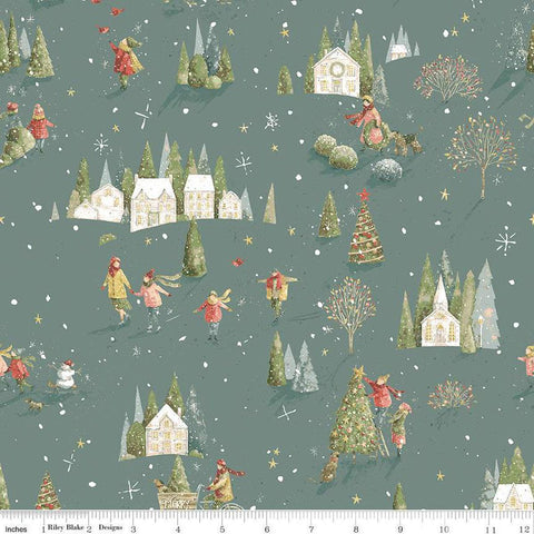 Image of the Magical Winterland Winter Scene Winter quilting cotton fabric by Riley Blake Designs. Features trees, snow, buildings, and people on a winter blue background. 
Cute Little Fabric Shop