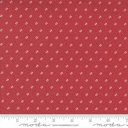 Image of the Hollyhocks Roses Dots Geranium quilting cotton fabric by Moda Fabrics. Features small dotted seeds on a red background. 
Cute Little Fabric Shop