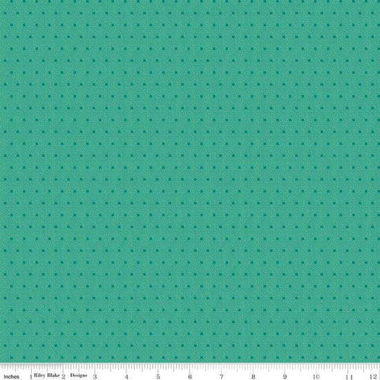 Image of the Stitchers Flannel Dots Caribbean flannel fabric by Vicki McCarty for Riley Blake Designs. Features small dots on a green blue background.
Cute Little Fabric Shop