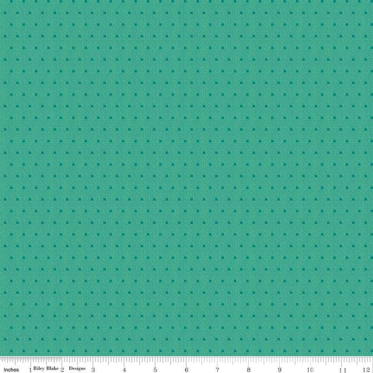 Image of the Stitchers Flannel Dots Caribbean flannel fabric by Vicki McCarty for Riley Blake Designs. Features small dots on a green blue background.
Cute Little Fabric Shop