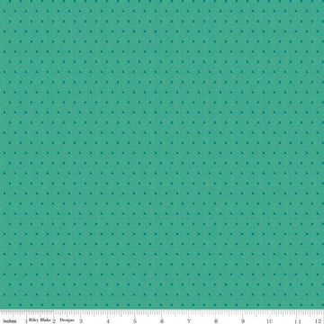 Image of the Stitchers Flannel Dots Caribbean flannel fabric by Vicki McCarty for Riley Blake Designs. Features small dots on a green blue background.
Cute Little Fabric Shop
