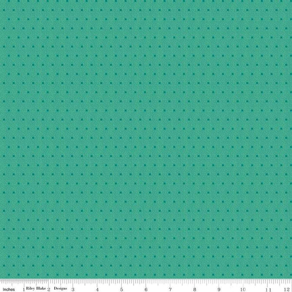 Image of the Stitchers Flannel Dots Caribbean flannel fabric by Vicki McCarty for Riley Blake Designs. Features small dots on a green blue background.
Cute Little Fabric Shop