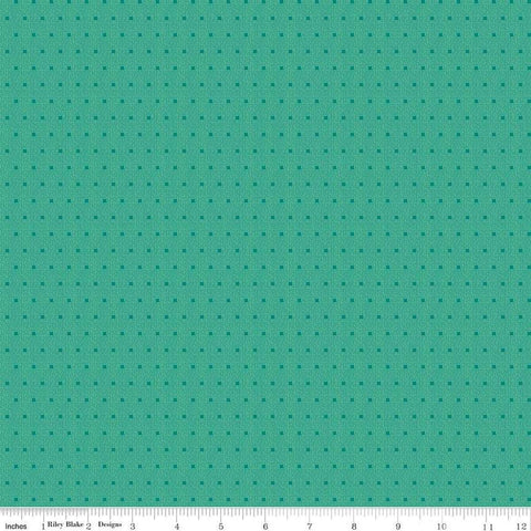 Image of the Stitchers Flannel Dots Caribbean flannel fabric by Vicki McCarty for Riley Blake Designs. Features small dots on a green blue background.
Cute Little Fabric Shop
