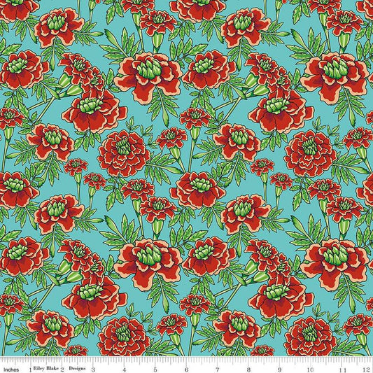 Image of the Botanic Blast Small Carnations Turquoise quilting cotton fabric by Sew Yeah Quilting for Riley Blake Designs. Features carnation flowers on a green blue background.
Cute Little Fabric Shop