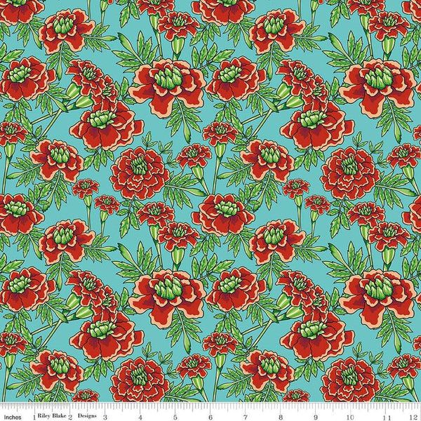 Image of the Botanic Blast Small Carnations Turquoise quilting cotton fabric by Sew Yeah Quilting for Riley Blake Designs. Features carnation flowers on a green blue background.
Cute Little Fabric Shop