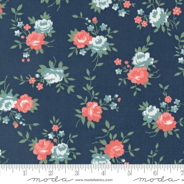 Image of the Rosemary Cottage Roses Navy quilting cotton fabric by Moda Fabrics. Features multicolored roses on a dark blue background.
Cute Little Fabric Shop