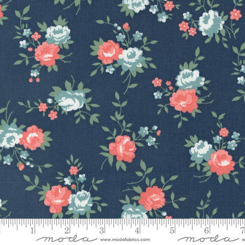 Image of the Rosemary Cottage Roses Navy quilting cotton fabric by Moda Fabrics. Features multicolored roses on a dark blue background.
Cute Little Fabric Shop