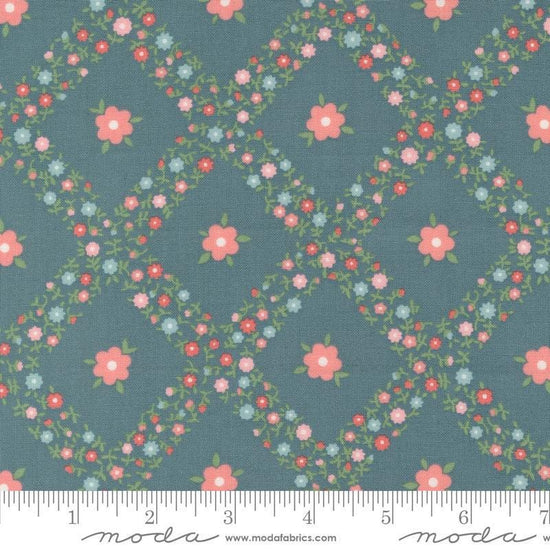 Image of the Rosemary Cottage Trellis Lake quilting cotton fabric by Moda Fabrics. Features criss cross flowers on a teal background.
Cute Little Fabric Shop