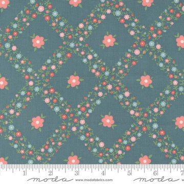 Image of the Rosemary Cottage Trellis Lake quilting cotton fabric by Moda Fabrics. Features criss cross flowers on a teal background.
Cute Little Fabric Shop