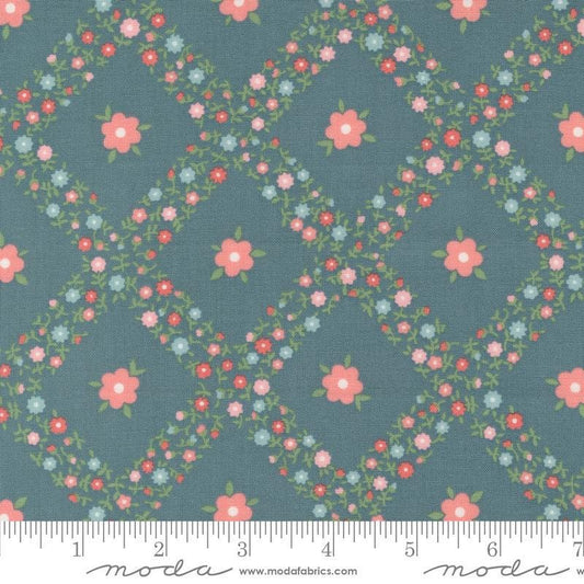 Image of the Rosemary Cottage Trellis Lake quilting cotton fabric by Moda Fabrics. Features criss cross flowers on a teal background.
Cute Little Fabric Shop