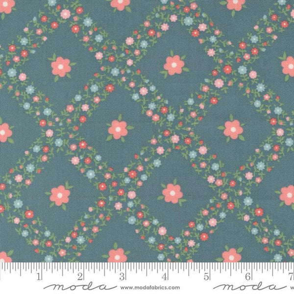 Image of the Rosemary Cottage Trellis Lake quilting cotton fabric by Moda Fabrics. Features criss cross flowers on a teal background.
Cute Little Fabric Shop