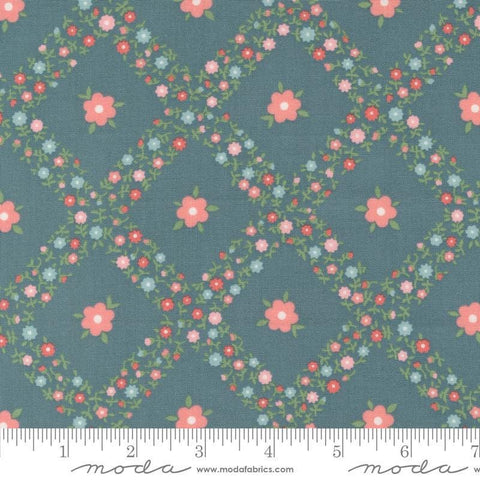Image of the Rosemary Cottage Trellis Lake quilting cotton fabric by Moda Fabrics. Features criss cross flowers on a teal background.
Cute Little Fabric Shop
