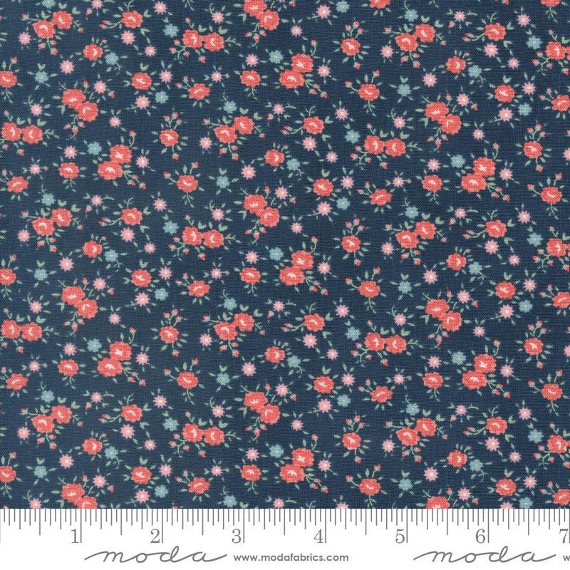 Image of the Rosemary Cottage Ditsy Navy Rosemary quilting cotton fabric by Moda Fabrics. Features small flowers on a navy blue background.
Cute Little Fabric Shop