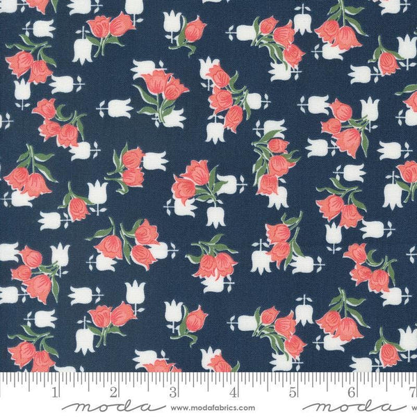 Image of the Rosemary Cottage Tulips Navy Rosemary quilting cotton fabric by Moda Fabrics. Features small tulips on a navy blue background.
Cute Little Fabric Shop