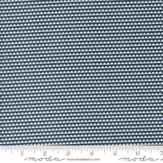 Image of the Rosemary Cottage Stripes Navy quilting cotton fabric by Moda Fabrics. Features navy and cream scalloped stripes.
Cute Little Fabric Shop