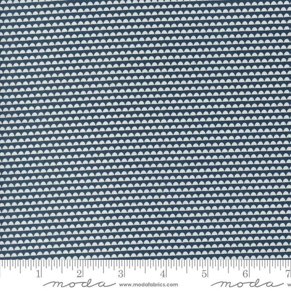 Image of the Rosemary Cottage Stripes Navy quilting cotton fabric by Moda Fabrics. Features navy and cream scalloped stripes.
Cute Little Fabric Shop