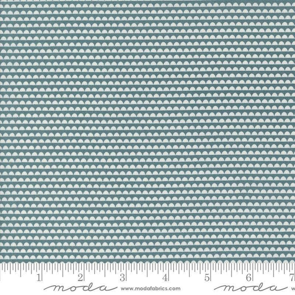 Image of the Rosemary Cottage Stripes Lake quilting cotton fabric by Moda Fabrics. Features teal blue and cream scalloped stripes.
Cute Little Fabric Shop