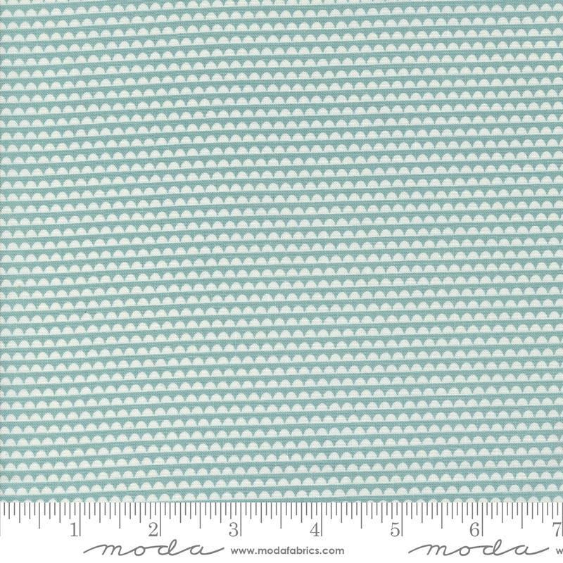 Image of the Rosemary Cottage Stripes Sky quilting cotton fabric by Moda Fabrics. Features light teal blue and cream scalloped stripes.
Cute Little Fabric Shop