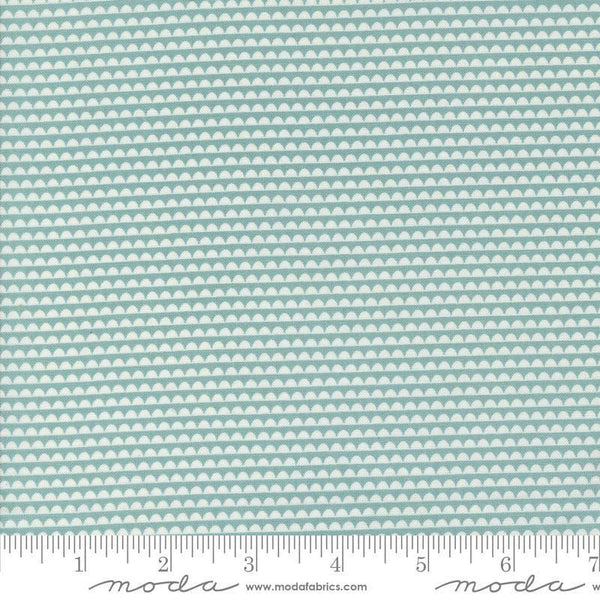 Image of the Rosemary Cottage Stripes Sky quilting cotton fabric by Moda Fabrics. Features light teal blue and cream scalloped stripes.
Cute Little Fabric Shop