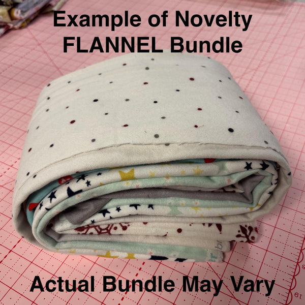 Image of the Novelty Flannel End of Bolt Mystery Bundle. Features a novelty flannel bundle. 
Cute Little Fabric Shop