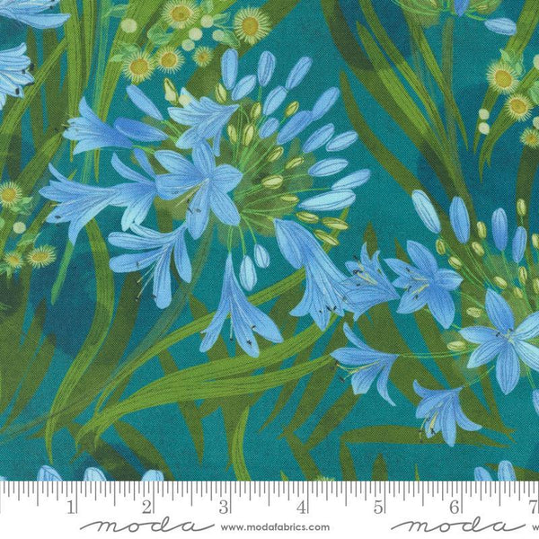 Serena Shores Floral Lagoon quilting cotton fabric by Robin Pickens for Moda Fabrics. Features flowers and leaves on a teal blue background. 
Cute Little Fabric Shop