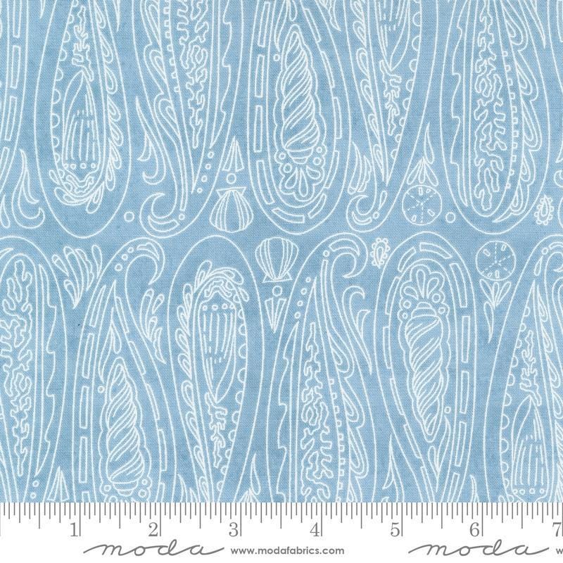 Serena Shores Paisley Breeze quilting cotton fabric by Robin Pickens for Moda Fabrics. Features illustrated paisley seashells on a light blue background. 
Cute Little Fabric Shop