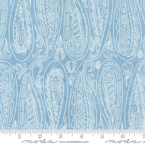 Serena Shores Paisley Breeze quilting cotton fabric by Robin Pickens for Moda Fabrics. Features illustrated paisley seashells on a light blue background. 
Cute Little Fabric Shop