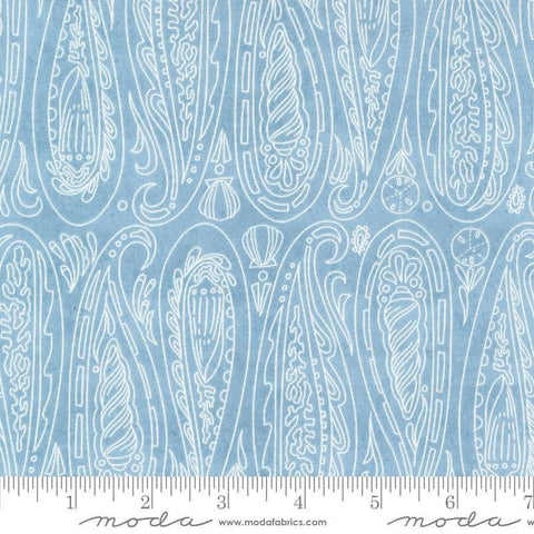 Serena Shores Paisley Breeze quilting cotton fabric by Robin Pickens for Moda Fabrics. Features illustrated paisley seashells on a light blue background. 
Cute Little Fabric Shop