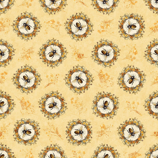 DEAL MINKY Queen Bee Bee Circle Vignette 60" Wide 30484 Chamois - QT Fabrics - Floral Flowers Bees - 100% Polyester
