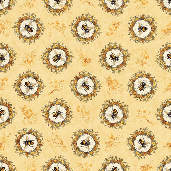 SALE MINKY Queen Bee Bee Circle Vignette 60" Wide 30484 Chamois - QT Fabrics - Floral Flowers Bees - 100% Polyester