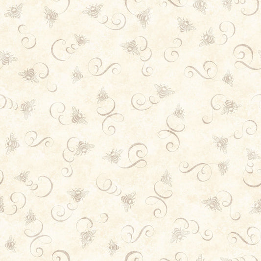 Queen Bee Bee & Scroll Toss 30489 Cream E - - QT Fabrics - Small Bees Swirls - Quilting Cotton Fabric